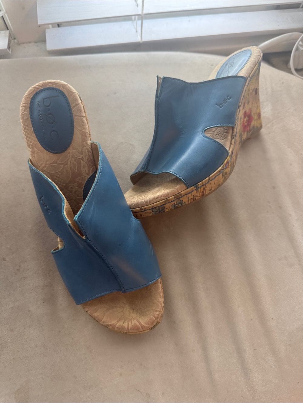 b.o.c. Blue Leather Cork Wedge Mules